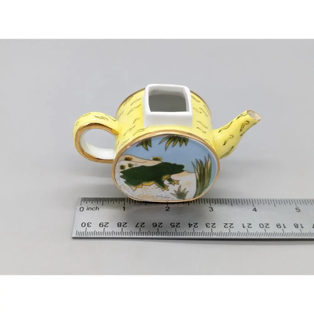 Vivian Chan 2000 Miniature Porcelain Teapot Yellow Green Painted Frog Design